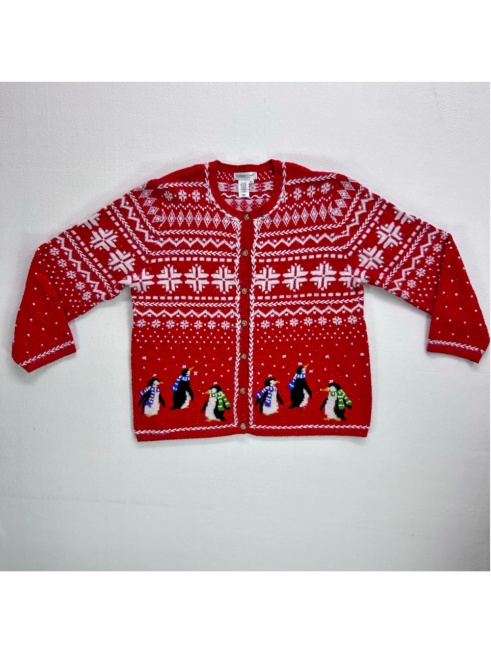 Coldwater Creek Vintage Red Fair Isle Penguin Cardigan Christmas Sweater XL